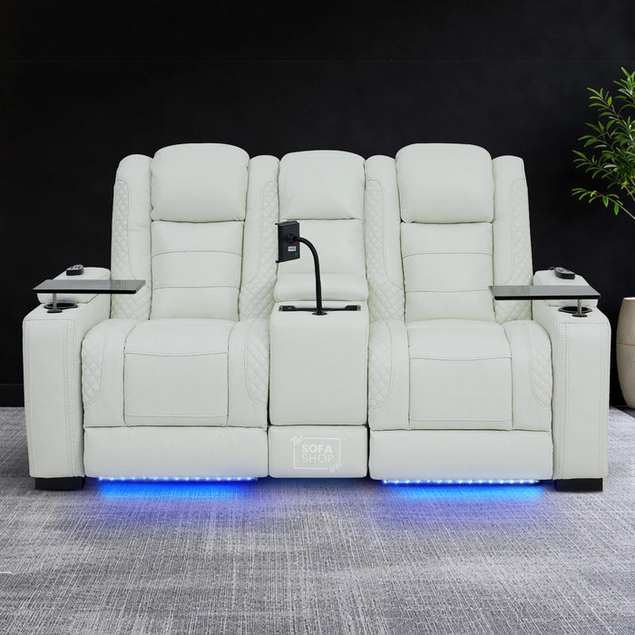 2 Seater Real Leather Electric Recliner Cinema Sofa in White | Massage, Bluetooth, Console, Heating & Cooling Cup Holders | Napoli | The Sofa Shop