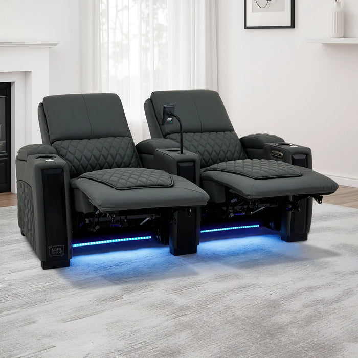 2 Seat Real Leather Electric Recliner Home Cinema Theatre Sofa In Grey With Multi-Position Reclining + LED Cup Holders & Lumbar Support | Assisi