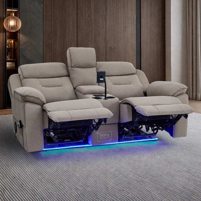 2 Seat Electric Recliner Home Cinema Sofa | Fabric Couch In Beige | Hi-Tech Sofa with Massage, Chilled Cup Holders + Wireless Charging + Console + USB | Florence