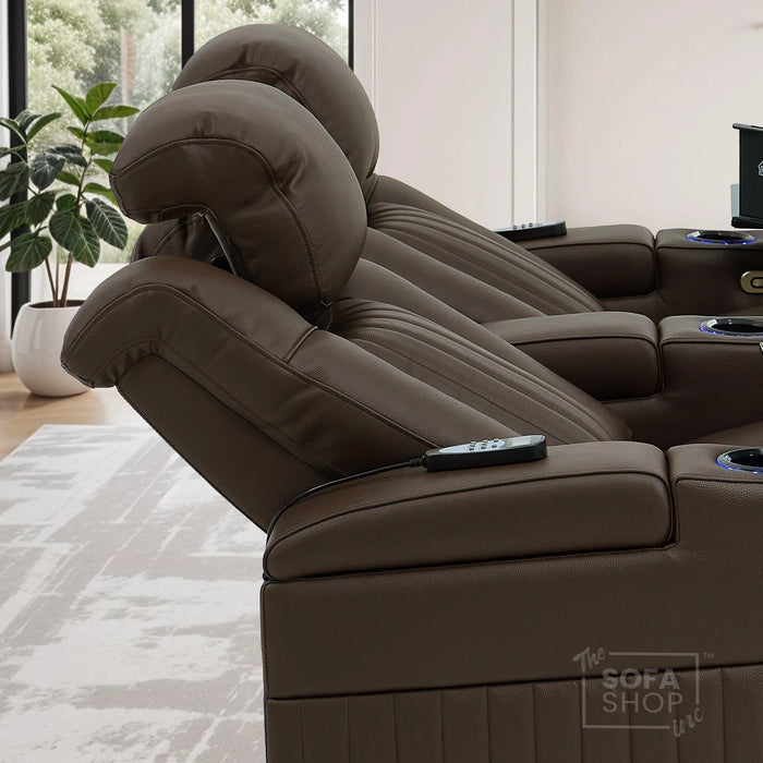 2 Seater Real Leather Electric Recliner Cinema Sofa in Dark Brown | Massage, Heated Lumbar, Power Headrests, Food Trays & Power Grommet | Capri | The Sofa Shop