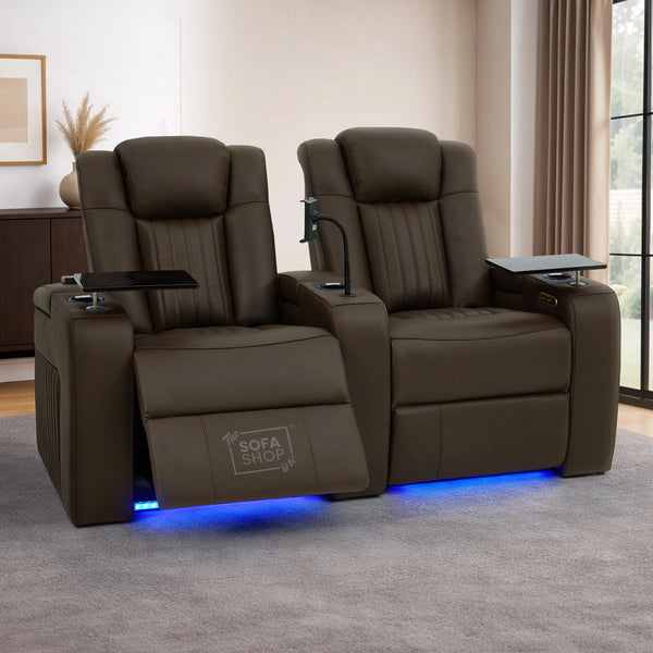 2 Seater Real Leather Electric Recliner Cinema Sofa in Dark Brown | Massage, Heated Lumbar, Power Headrests, Food Trays & Power Grommet | Capri | The Sofa Shop