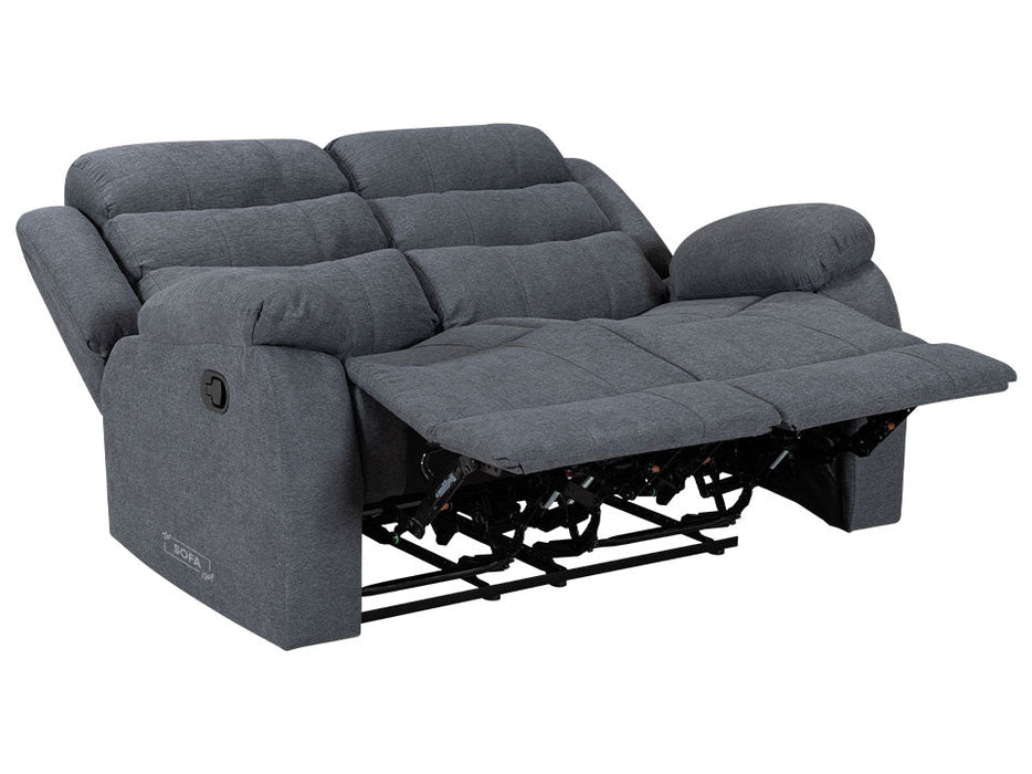 3 2 Recliner Sofa Set Plus Pouffe & Footstool in Dark Grey Fabric with Drop-Down Table & Drink Holders - Sorrento