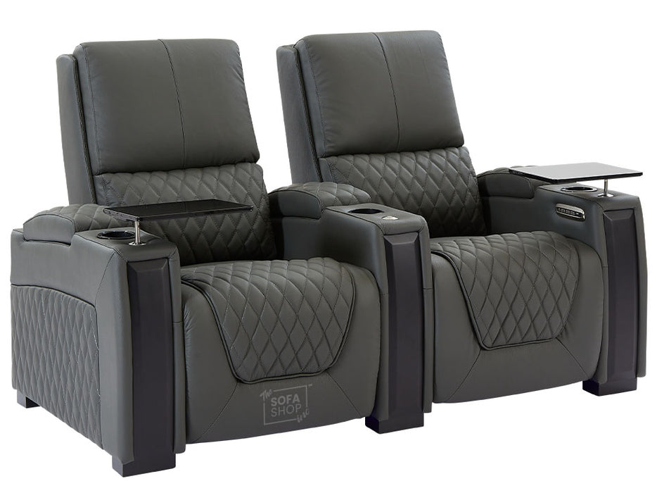 2 Seater Electric Recliner Sofa & Cinema Seats in Grey Real Leather With Power Lumbar Support, Chilled Cupholders,  Console, Storage Boxes - Assisi