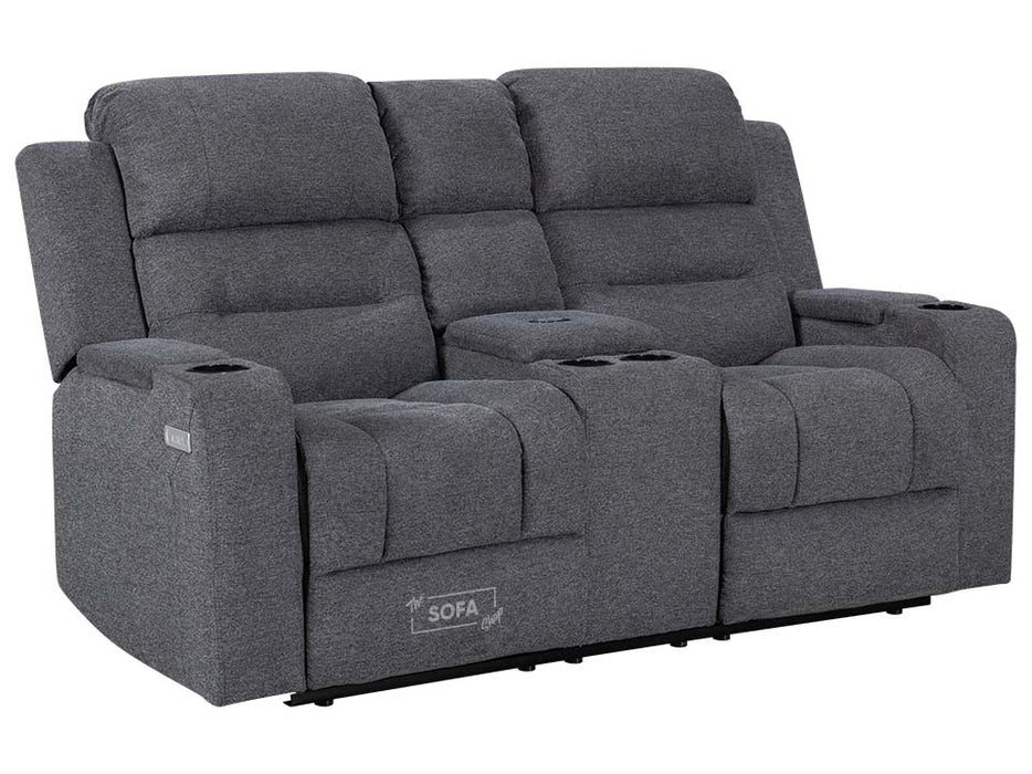 3 2 Seater Electric Recliner Sofa Set. 2 Piece Sofa Package Suite in Grey Woven Fabric With Power Headrest, USB, Console & Cup Holders - Lawson