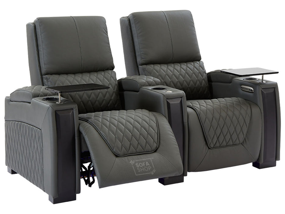 2 Seater Electric Recliner Sofa & Cinema Seats in Grey Real Leather With Power Lumbar Support, Chilled Cupholders,  Console, Storage Boxes - Assisi