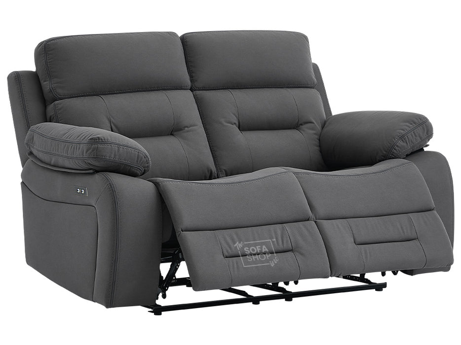 2+1 Electric Recliner Sofa Set inc. Chair in Grey Velvet with Power Recliners & USB Ports- 2 Piece Foster Power Sofa Set