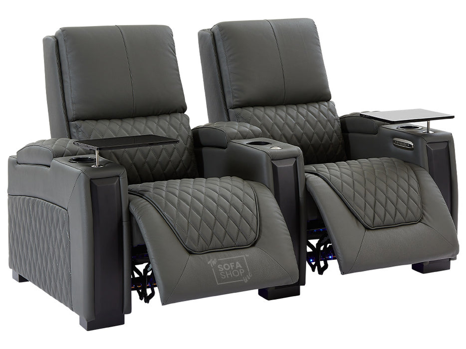 2 Seater Electric Recliner Sofa & Cinema Seats in Grey Real Leather With Power Lumbar Support, Chilled Cupholders,  Console, Storage Boxes - Assisi