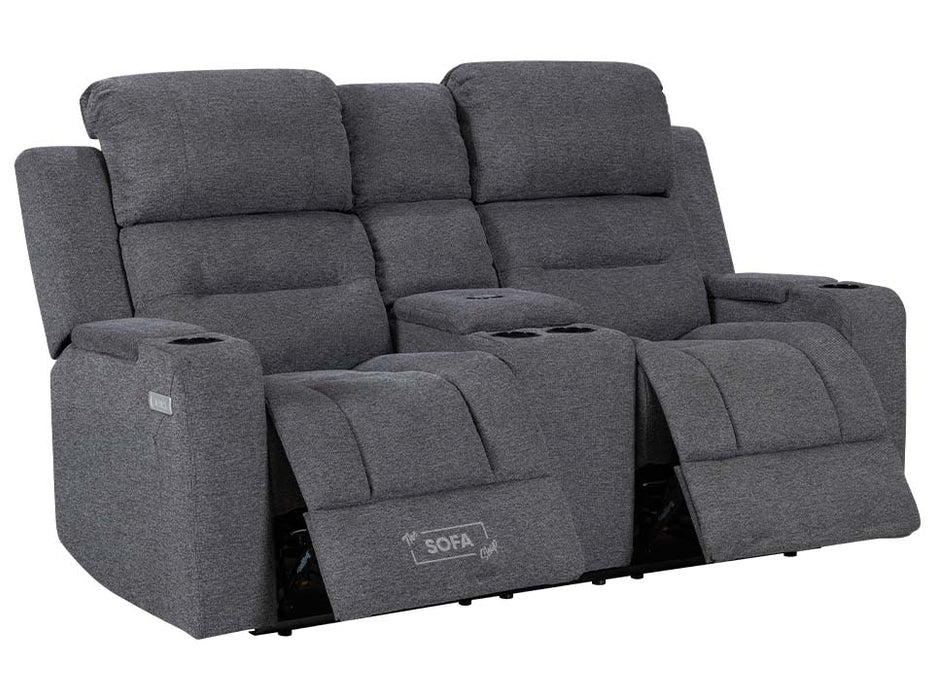 2+1 Electric Recliner Sofa & Chair Set in Grey Woven Fabric With LED Cup Holders & Wireless Charger & Massage - Lawson