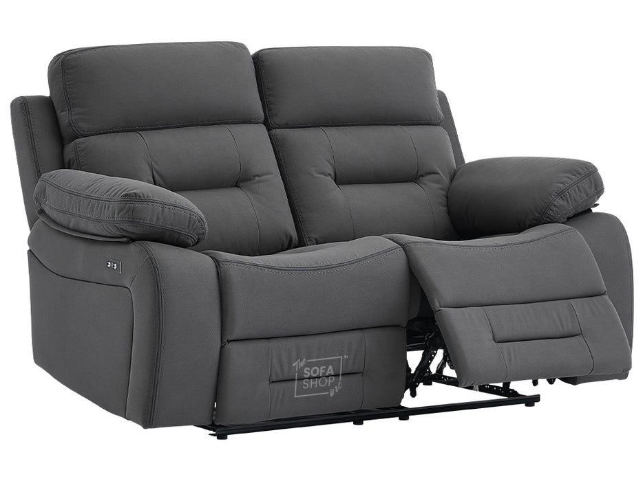 3 2 Electric Recliner Sofa Set. 2 Piece Recliner Sofa Package Suite in Grey Velvet Fabric With USB Ports & Drink Holders & Drop Down Table- Foster