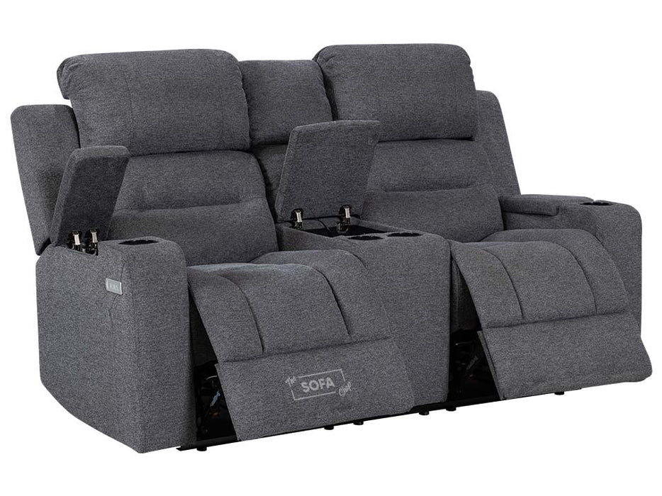 3 2 Seater Electric Recliner Sofa Set. 2 Piece Sofa Package Suite in Grey Woven Fabric With Power Headrest, USB, Console & Cup Holders - Lawson