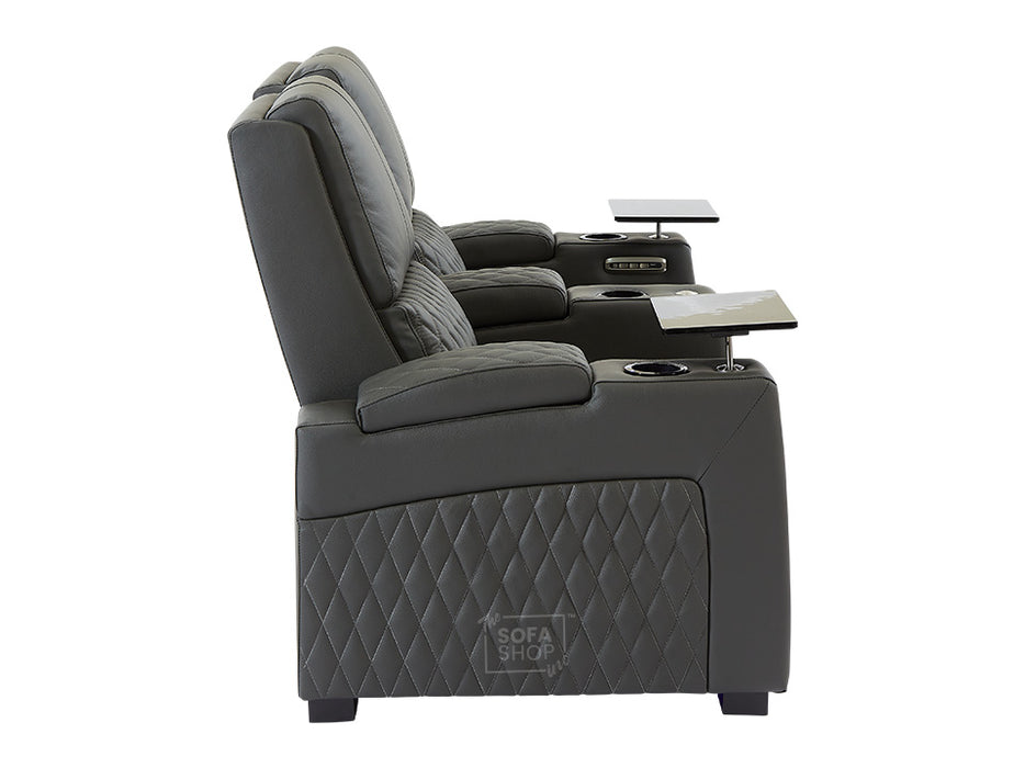 2 Seater Electric Recliner Sofa & Cinema Seats in Grey Real Leather With Power Lumbar Support, Chilled Cupholders,  Console, Storage Boxes - Assisi