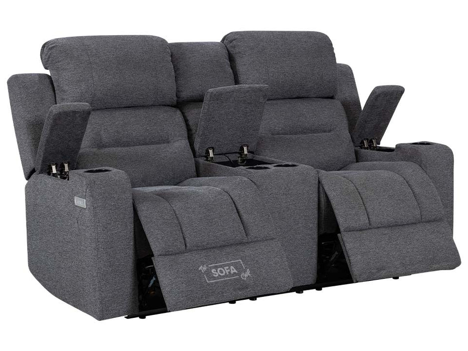 3 2 Seater Electric Recliner Sofa Set. 2 Piece Sofa Package Suite in Grey Woven Fabric With Power Headrest, USB, Console & Cup Holders - Lawson