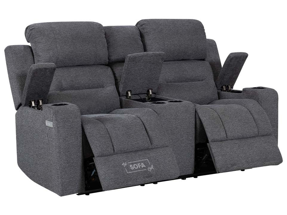2 Seater Electric Recliner Sofa in Dark Grey Woven Fabric With Power Headrest, USB, Console & Cup Holders - Siena