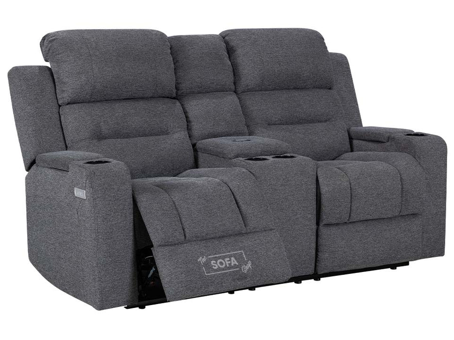 2 Seater Electric Recliner Sofa in Grey Woven Fabric With Power Headrest, USB, Console & Cup Holders - Lawson