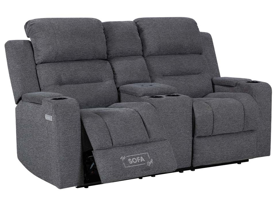 3 2 Seater Electric Recliner Sofa Set. 2 Piece Sofa Package Suite in Dark Grey Woven Fabric With Power Headrest, USB, Console & Cup Holders - Siena