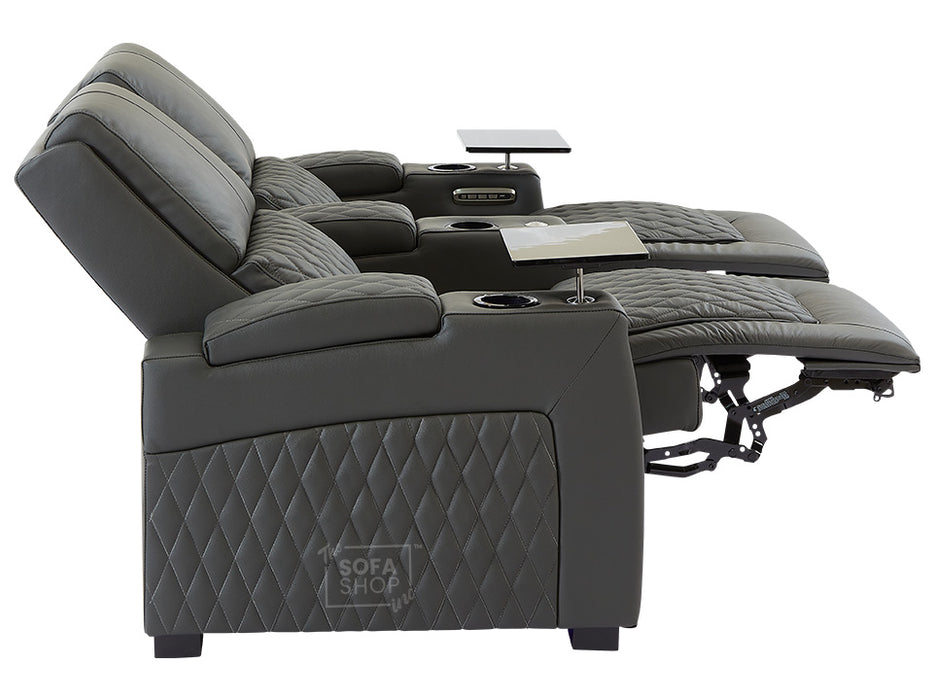 3 2 Electric Recliner Sofa Set in Grey Real Leather 2 Piece Cinema Sofa with USB Ports, Chilled Cupholders & Storage Boxes - Assisi