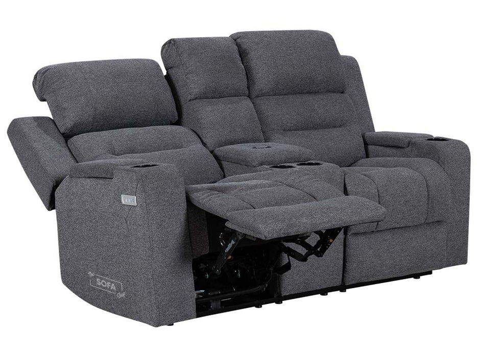 3 2 Seater Electric Recliner Sofa Set. 2 Piece Sofa Package Suite in Grey Woven Fabric With Power Headrest, USB, Console & Cup Holders - Lawson