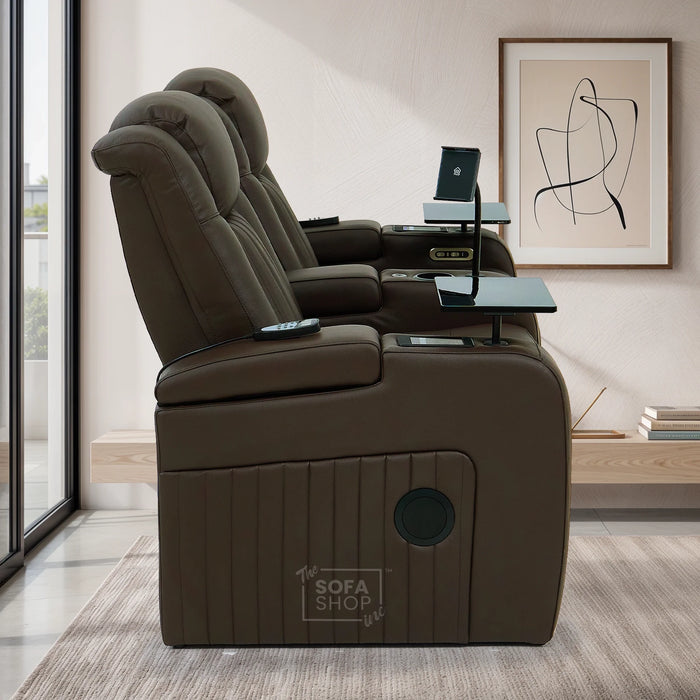 2 Seater Cinema Sofa in Brown Real Leather | Hi-Tech Console Couch with Massage & Heated Lumbar, Wireless Charging, Heat & Cool Cupholders, Bluetooth Speakers & Multi-Link | Capri | The Sofa Shop
