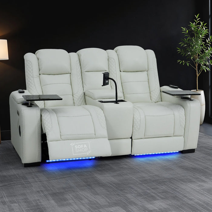 2 Seater Real Leather Electric Recliner Cinema Sofa in White | Massage, Bluetooth, Console, Heating & Cooling Cup Holders | Napoli | The Sofa Shop