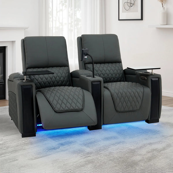 2 Seat Real Leather Electric Recliner Home Cinema Theatre Sofa In Grey With Multi-Position Reclining + LED Cup Holders & Lumbar Support | Assisi