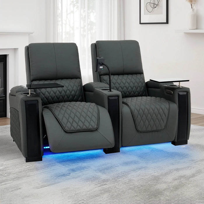 2 Seat Real Leather Electric Recliner Home Cinema Theatre Sofa In Grey With Multi-Position Reclining + LED Cup Holders & Lumbar Support | Assisi