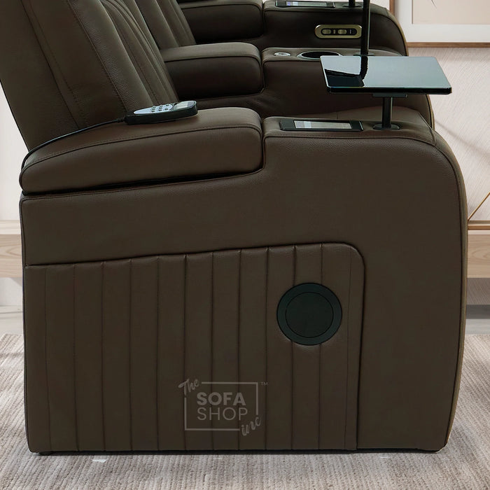 2 Seater Cinema Sofa in Brown Real Leather | Hi-Tech Console Couch with Massage & Heated Lumbar, Wireless Charging, Heat & Cool Cupholders, Bluetooth Speakers & Multi-Link | Capri | The Sofa Shop