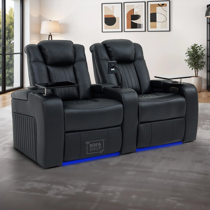 Real Leather 3+2+1 Power Reclining Sofa Set in Black | 3-Piece Cinema Sofa Suite with Console, Power Sockets, Cup Holders, Table & Massage | Capri