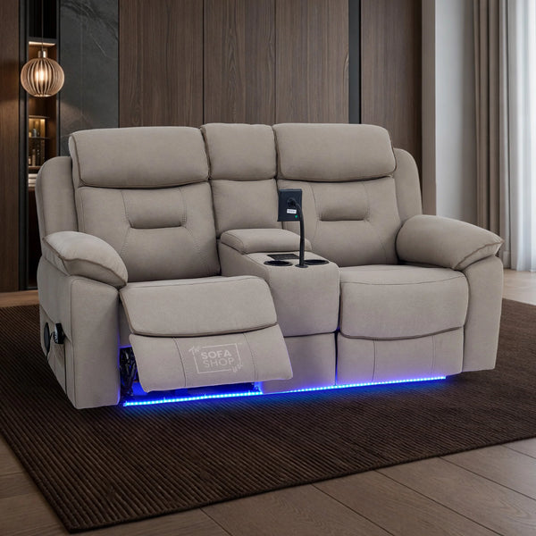2 Seat Electric Recliner Home Cinema Sofa | Fabric Couch In Beige | Hi-Tech Sofa with Massage, Chilled Cup Holders + Wireless Charging + Console + USB | Florence
