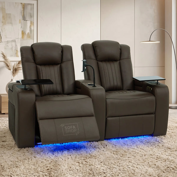 2 Seater Cinema Sofa in Brown Real Leather | Hi-Tech Console Couch with Massage & Heated Lumbar, Wireless Charging, Heat & Cool Cupholders, Bluetooth Speakers & Multi-Link | Capri | The Sofa Shop