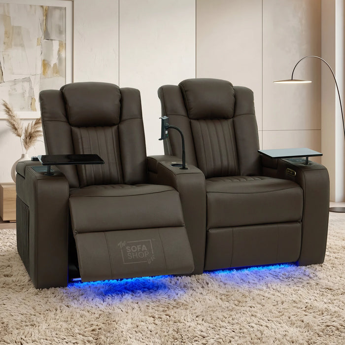 2 Seater Cinema Sofa in Brown Real Leather | Hi-Tech Console Couch with Massage & Heated Lumbar, Wireless Charging, Heat & Cool Cupholders, Bluetooth Speakers & Multi-Link | Capri | The Sofa Shop