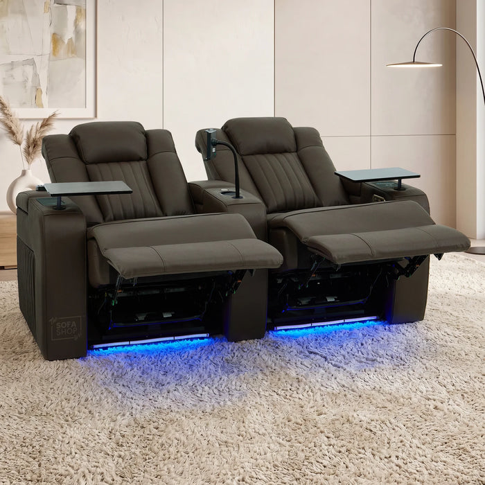 2 Seater Cinema Sofa in Brown Real Leather | Hi-Tech Console Couch with Massage & Heated Lumbar, Wireless Charging, Heat & Cool Cupholders, Bluetooth Speakers & Multi-Link | Capri | The Sofa Shop