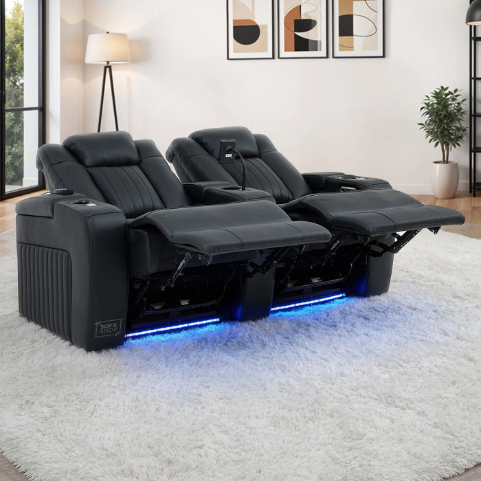 3+2 Modern Reclining Sofa Suite in Black Real Leather | Hi-Tech Sofa with Massage, Heated Lumbar, Wireless Charging, LED Lights & Removable Tables | Capri