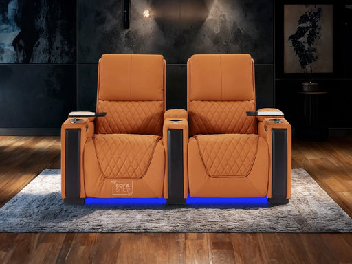 2 Seat Real Leather Electric Recliner Home Cinema Theatre Sofa In Orange with LED Underseat Glow + Electric Recline Mechanism & Lumbar Support | Assisi