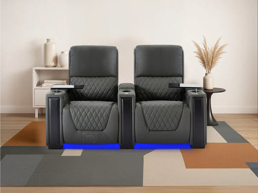 2 Seat Real Leather Electric Recliner Home Cinema Theatre Sofa In Grey With Multi-Position Reclining + LED Cup Holders & Lumbar Support | Assisi