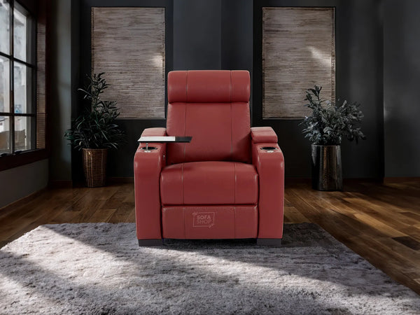 1 Seat Real Leather Electric Recliner Chair Home Cinema Sofa In Red with Chilled Cupholders + Storage + Power + USB + LED Lights | Rimini