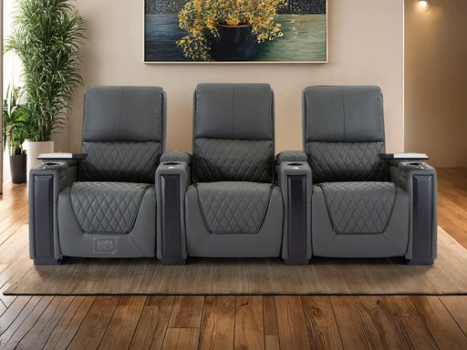 3 Seat Real Leather Electric Recliner Home Cinema Theatre Sofa In Grey with Chilled Cupholder + USB C to Stay Charged + Fully Reclining Seats & Lumbar Support | Assisi