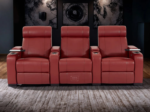 3 Seat Real Leather Electric Recliner Home Cinema Theatre Sofa In Red With Chilled Cupholders + Console + Storage + Power + USB + LED Lights | Rimini