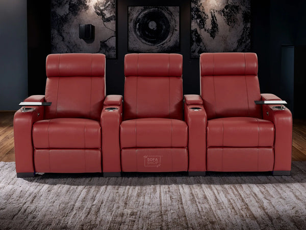 3 Seat Real Leather Electric Recliner Home Cinema Theatre Sofa In Red With Chilled Cupholders + Console + Storage + Power + USB + LED Lights | Rimini