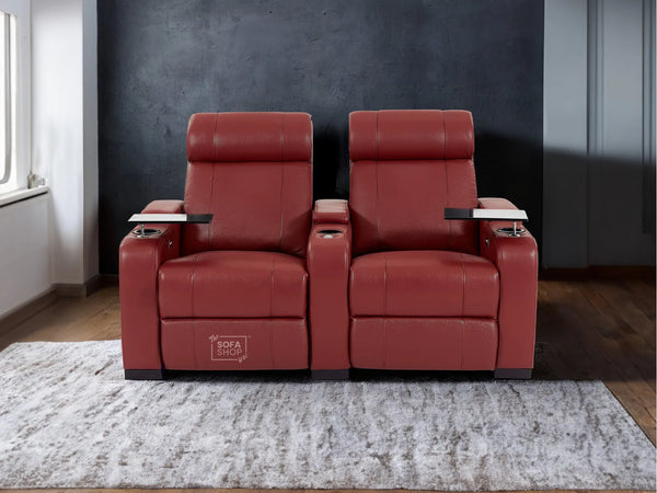 2 Seat Real Leather Electric Recliner Home Cinema Theatre Sofa In Red with Chilled Cupholders + Console + Power + USB + LED Lights | Rimini