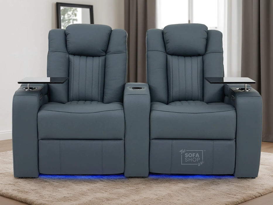 3+2+1 Real Leather Electric Recliner Sofa Set In Blue | Cinema Sofa Suite with Power Headrest, Drop-Down Table, Heating, Wireless Charging, Massage, USB Ports & LED Cup Holders | Capri