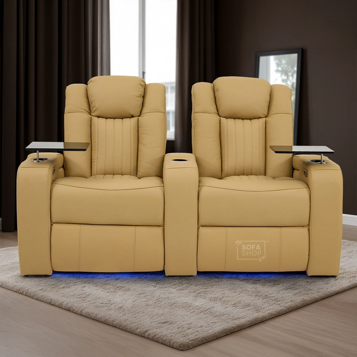 2 Seater Real Leather Power Recliner Sofa in Tan | Cinema Sofa with Console & USB Charging, Cup Holders, Storage, LED Lights & Massage | Capri