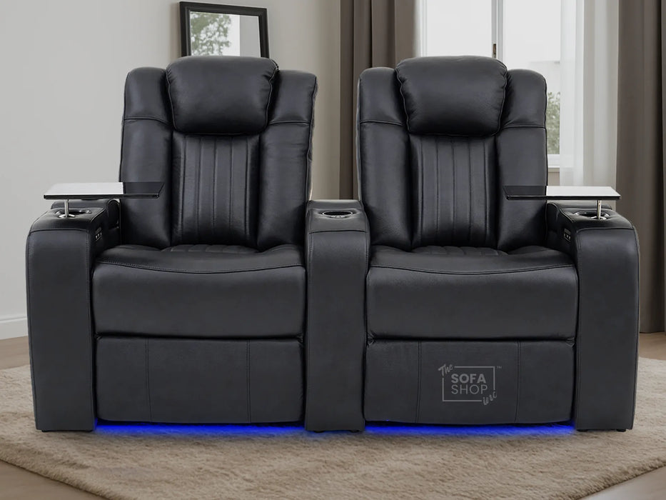 3+2 Electric Recliner Sofa Set | 2-Piece Real Leather Cinema Suite in Black with Console, Massage, Drink Holders & Storage Boxes | Capri | Sofa Shop