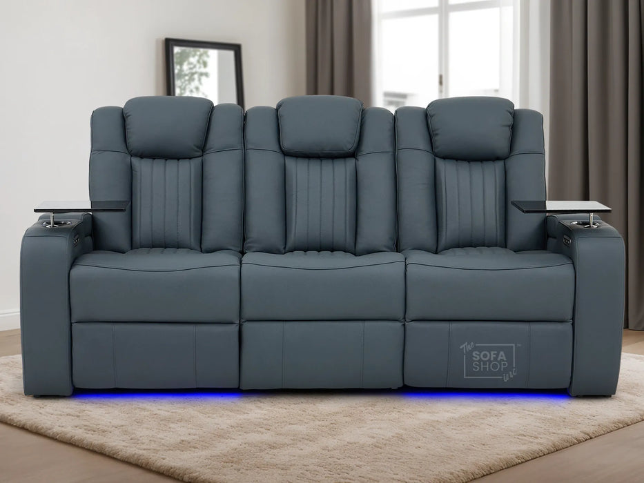 Real Leather 3+1 Recliner Cinema Sofa Set In Blue with Power Headrest, Power Recliner, Drop-Down Table, Massage, LED Lights, USB Ports & Tray Tables | Cinema Sofa Set | Capri