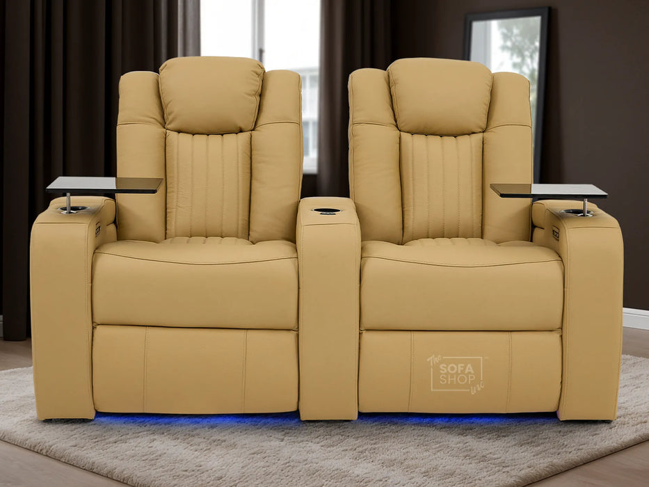 Real Leather 3+2 Smart Recliner Sofa Set in Tan | Power Reclining Sofa Suite with Drop-Down Table, Console, Massage, USB & LED | Capri | The Sofa Shop