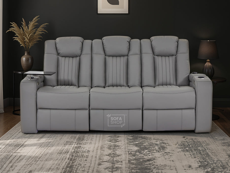 3 Seater Light Grey Real Leather Electric Recliner Cinema Sofa | Electric Sofa With Massage, Power Headrest, Wireless Charging & LED Reading Lights | Capri | The Sofa Shop