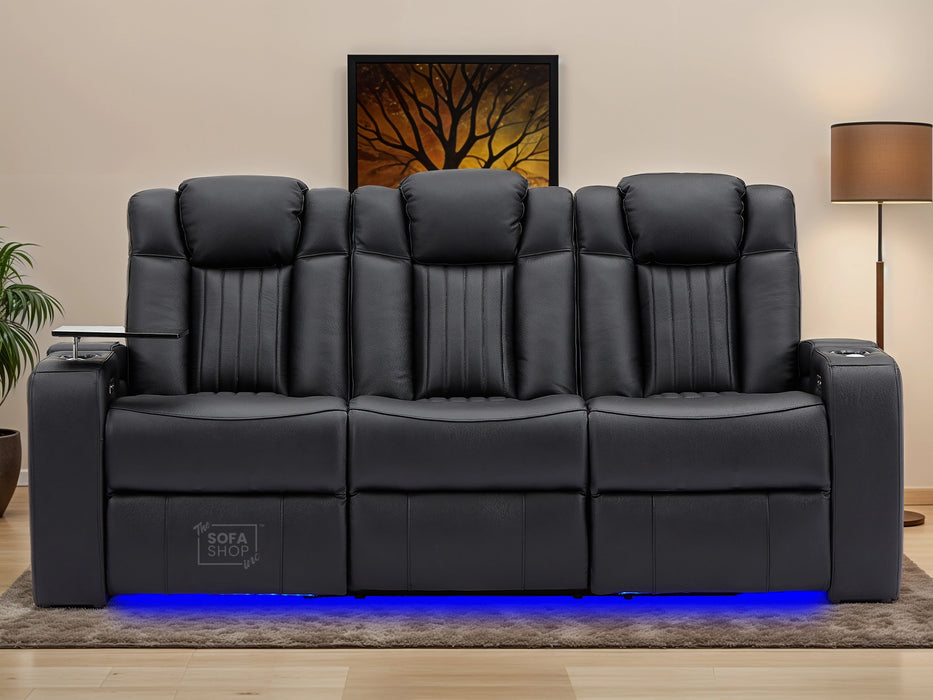 3 Seater Black Leather Hi-Tech Cinema Sofa | Electric Couch With Massage, Wireless Charging & Fold-Down Table | Capri | The Sofa Shop