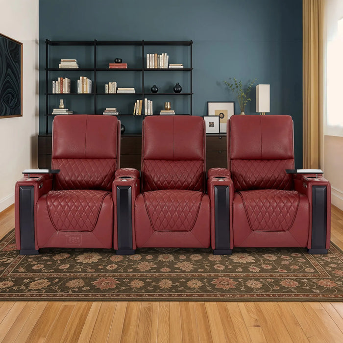 3 Seater Smart Tech Electric Recliner Cinema Sofa | Luxury Theatre Seating | Red Real Leather | Assisi