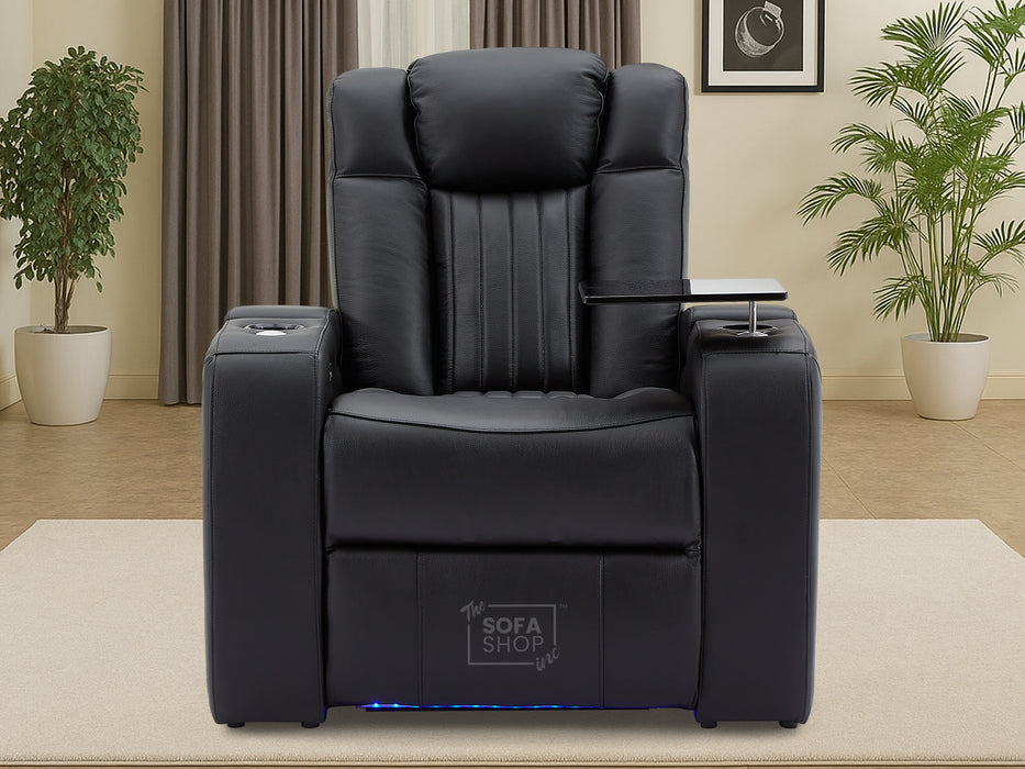 Real Leather 3+2+1 Power Reclining Sofa Set in Black | 3-Piece Cinema Sofa Suite with Console, Power Sockets, Cup Holders, Table & Massage | Capri