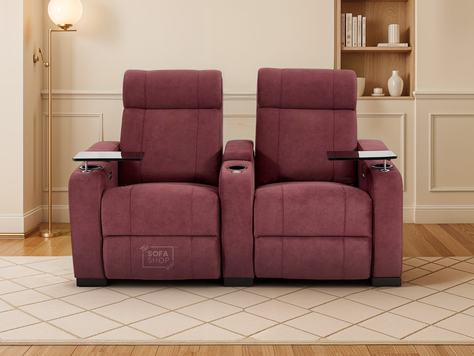 2+1 Sofa Set. Electric Recliner Cinema Suite in Velvet Purple Fabric | 2 Piece Sofa Set with Massage, USB Ports, Cooling Cup Holders, Storage Box & LED Lights | Rimini | The Sofa Shop