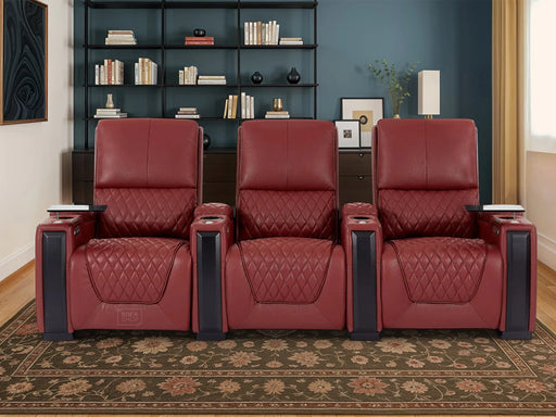 3 Seat Real Leather Electric Recliner Home Cinema Theatre Sofa In Red With Power Lumbar + Adjustable Headrests for Personalized Support | Assisi